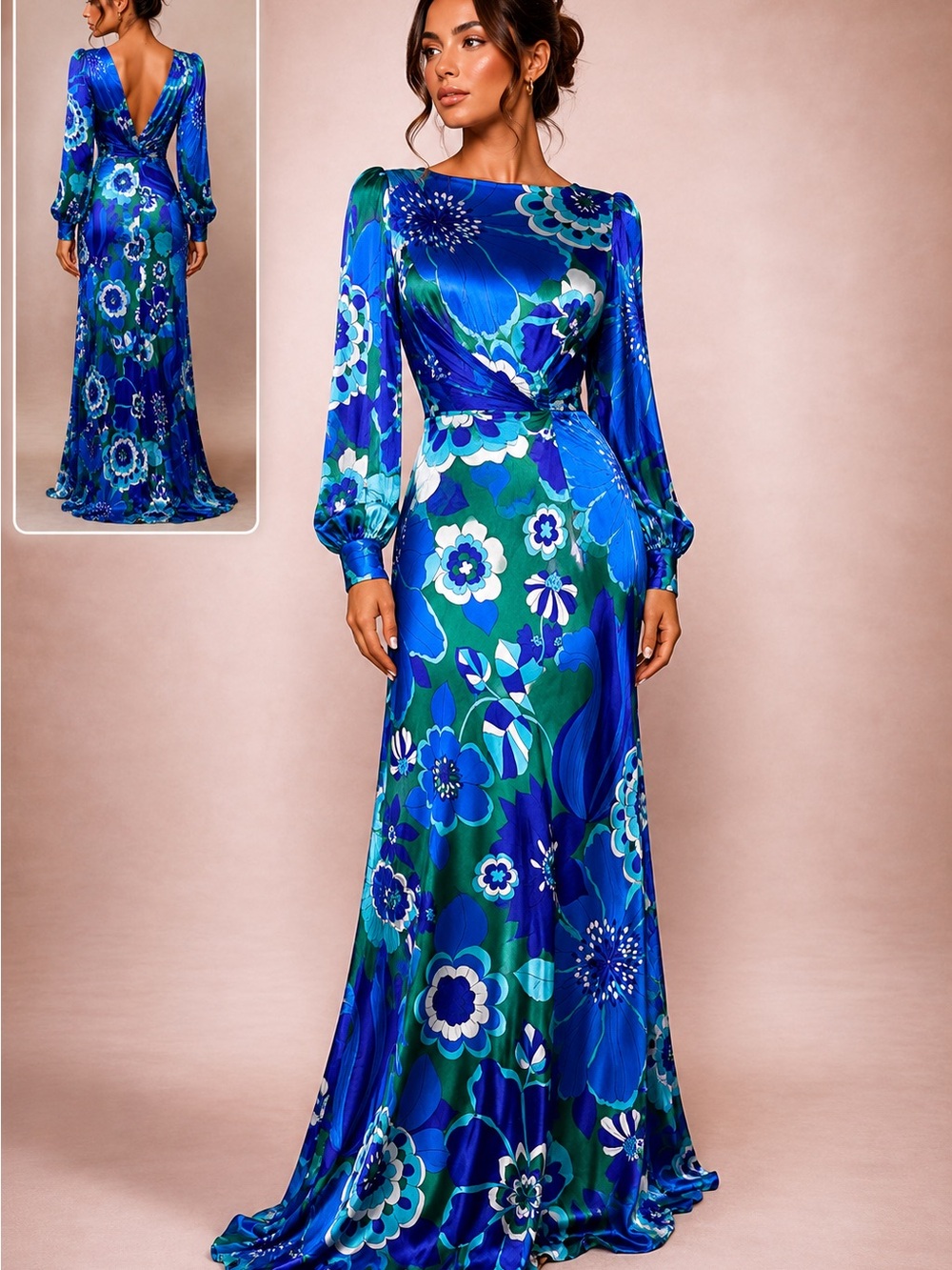 RIXO Long Sleeve Floral Maxi Dress in Blue and Green